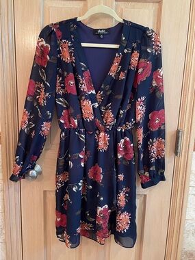 Lulu's Navy Floral Long Sleeve Faux Wrap-Front Dress with Pink & Coral Blooms